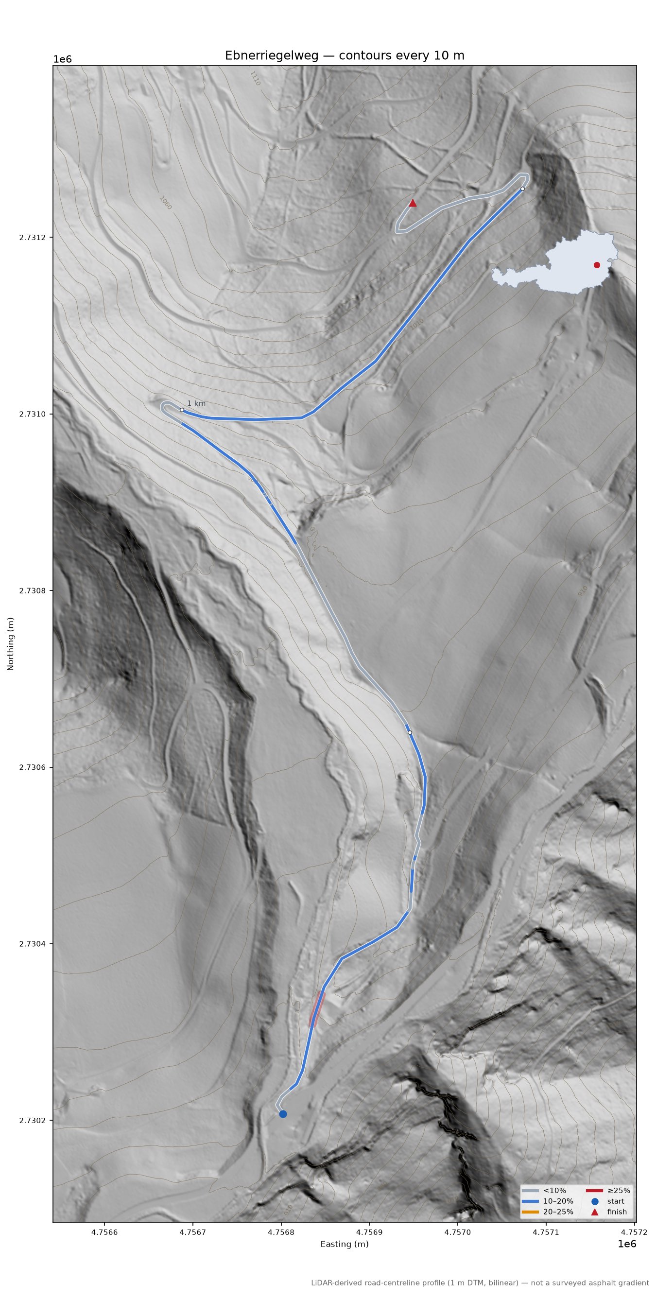 Ebnerriegelweg LiDAR hillshade map with contours