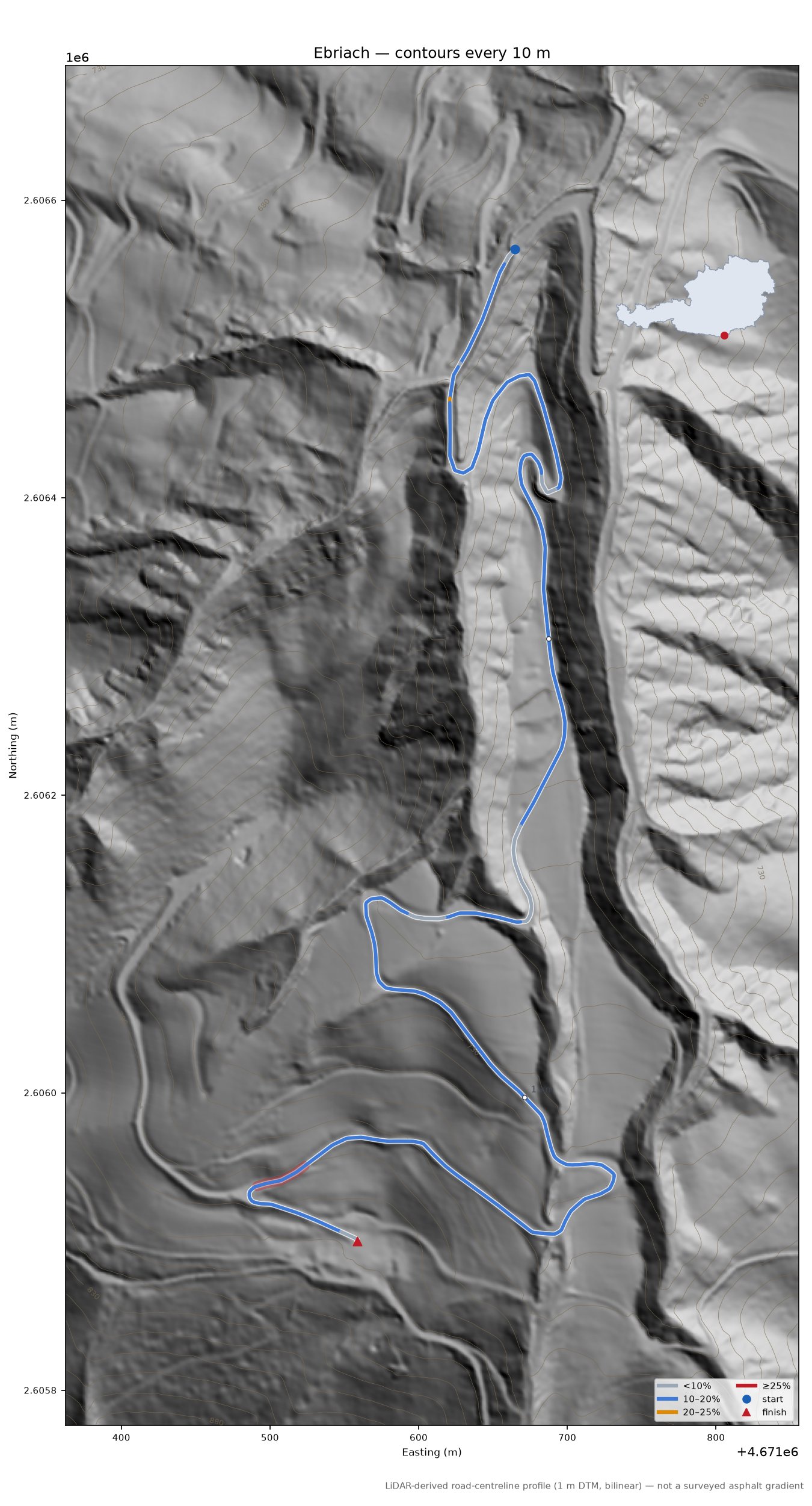 Ebriach LiDAR hillshade map with contours