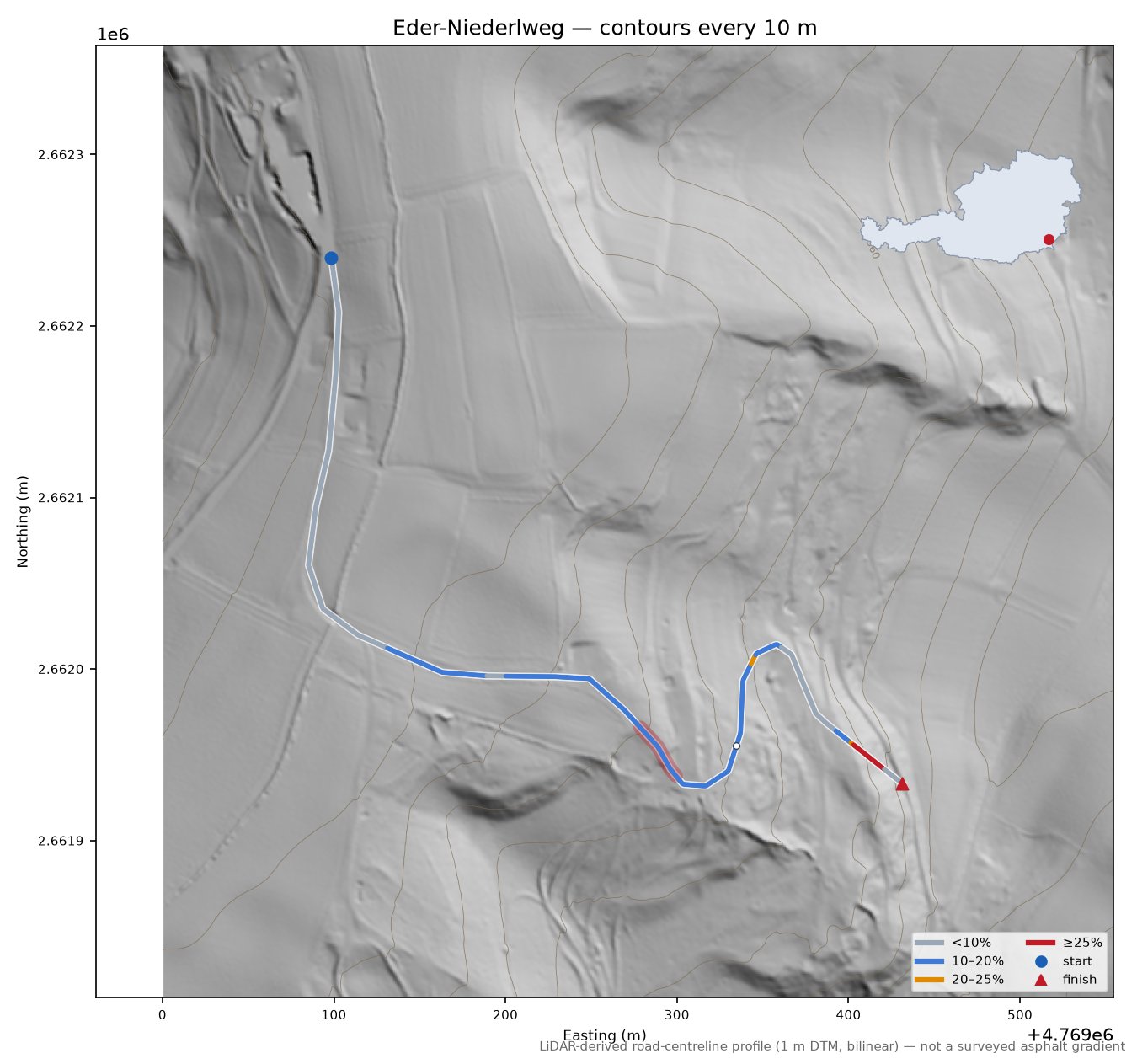 Eder-Niederlweg LiDAR hillshade map with contours