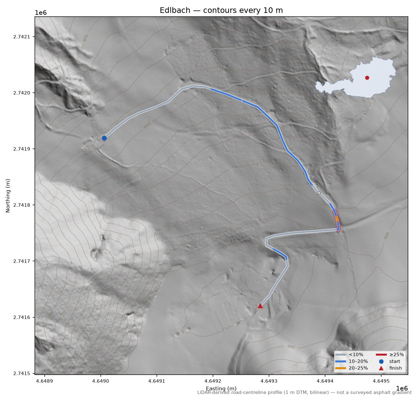 Edlbach LiDAR hillshade map with contours