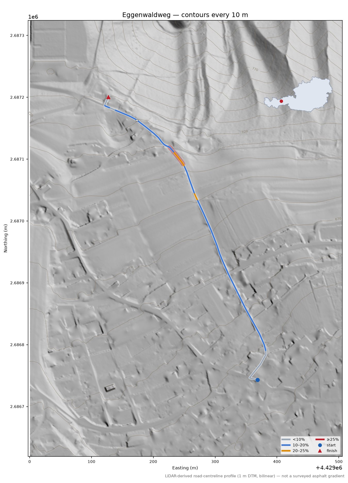 Eggenwaldweg LiDAR hillshade map with contours