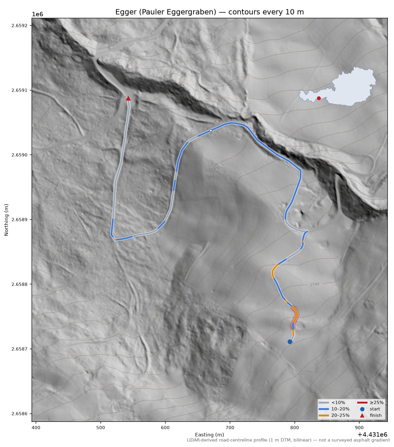Egger (Pauler Eggergraben) LiDAR hillshade map with contours