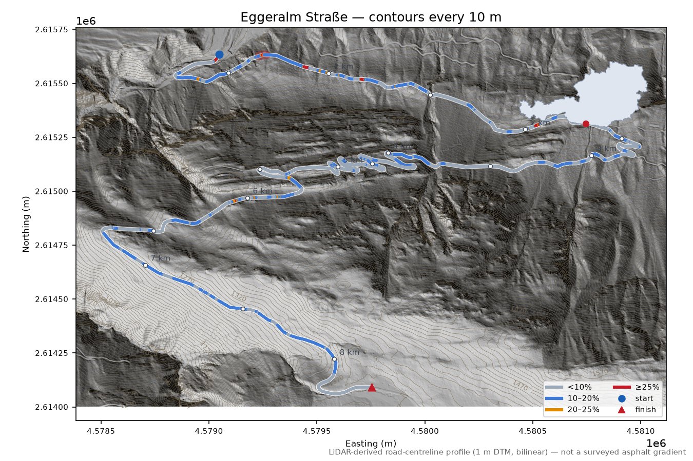 Eggeralm Straße LiDAR hillshade map with contours