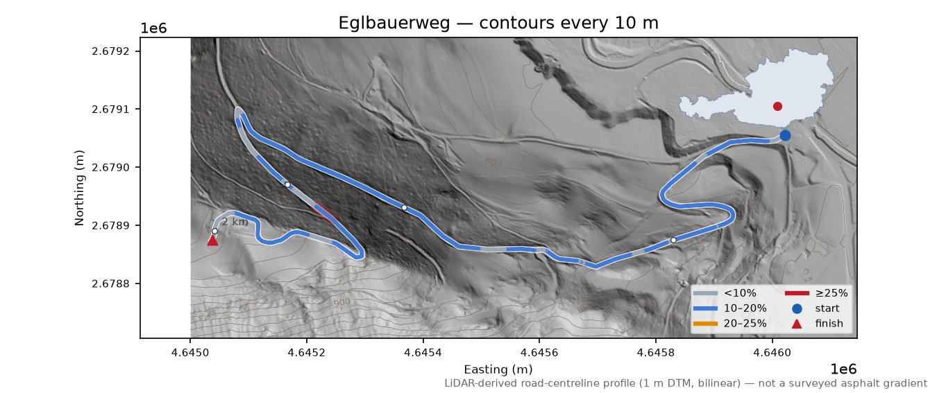 Eglbauerweg LiDAR hillshade map with contours