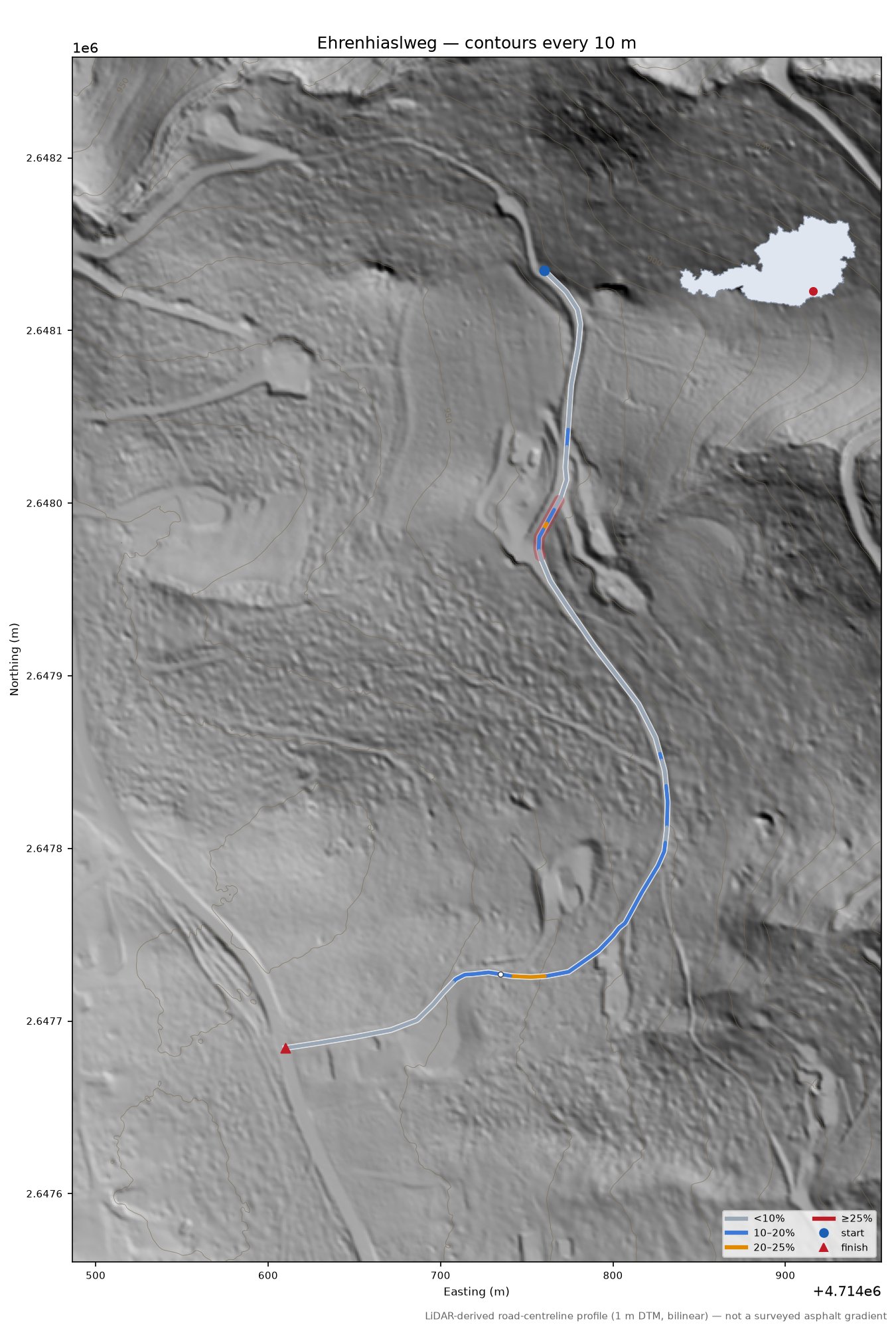 Ehrenhiaslweg LiDAR hillshade map with contours