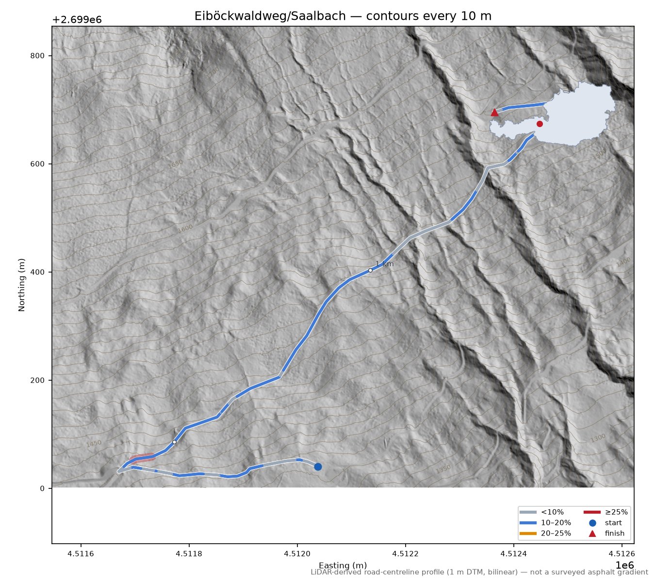Eiböckwaldweg/Saalbach LiDAR hillshade map with contours