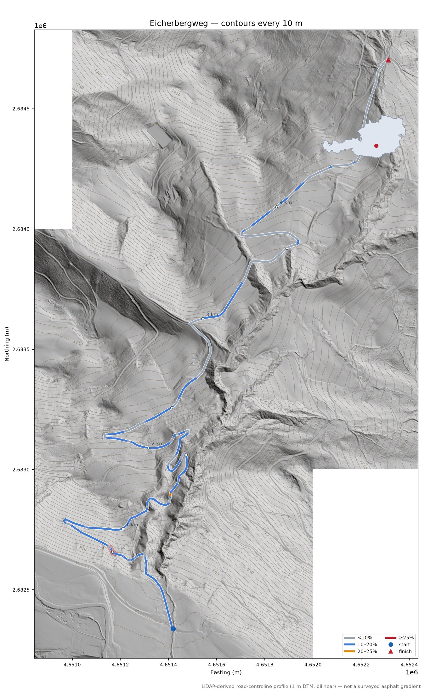 Eicherbergweg LiDAR hillshade map with contours