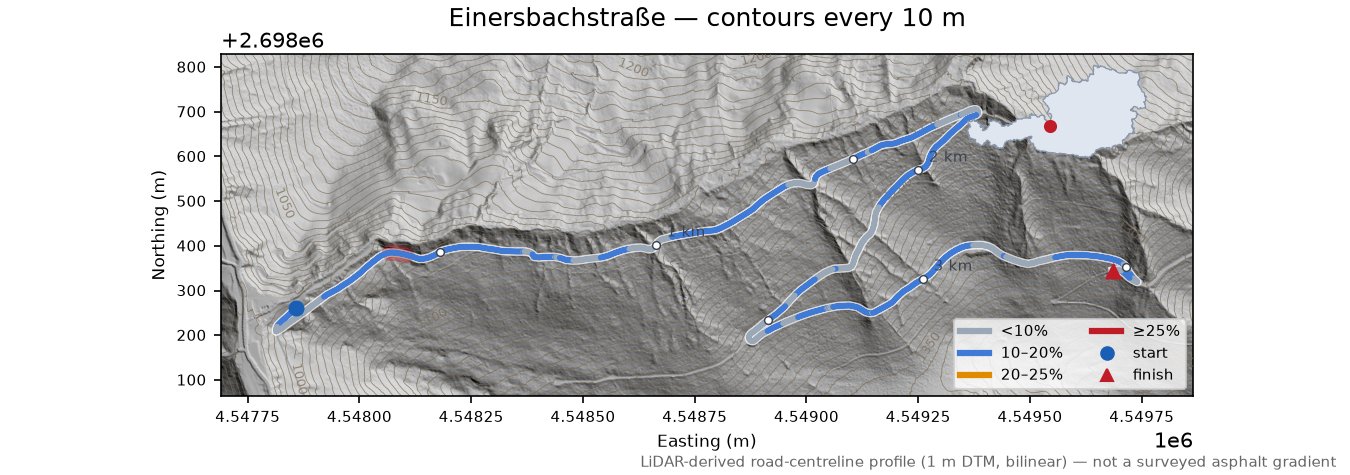 Einersbachstraße LiDAR hillshade map with contours