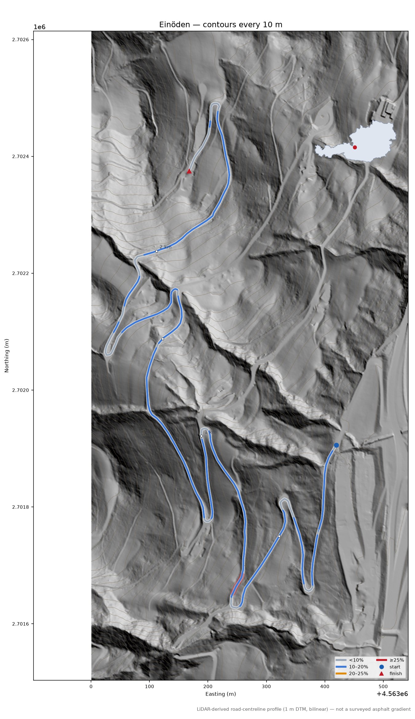 Einöden LiDAR hillshade map with contours