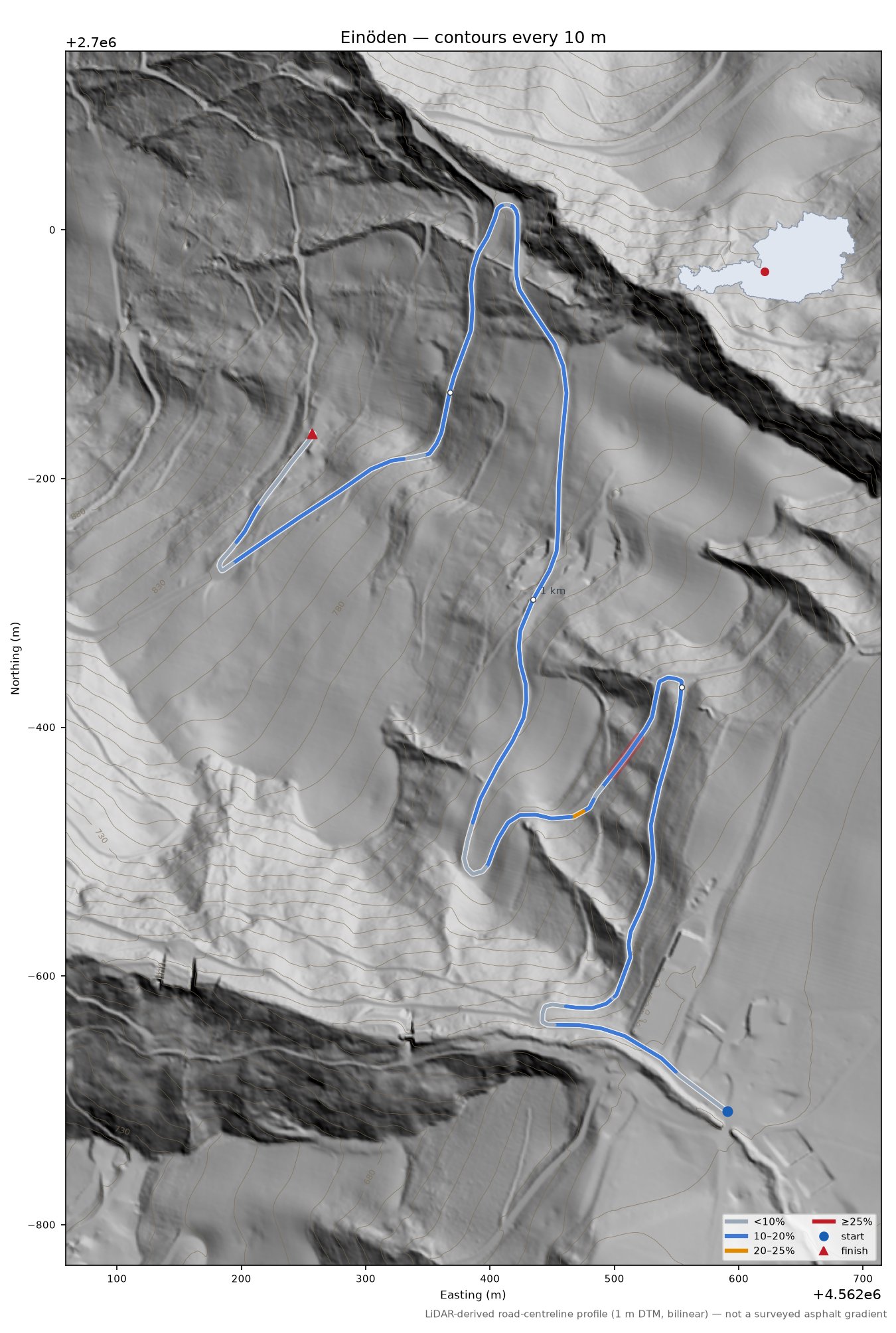 Einöden LiDAR hillshade map with contours