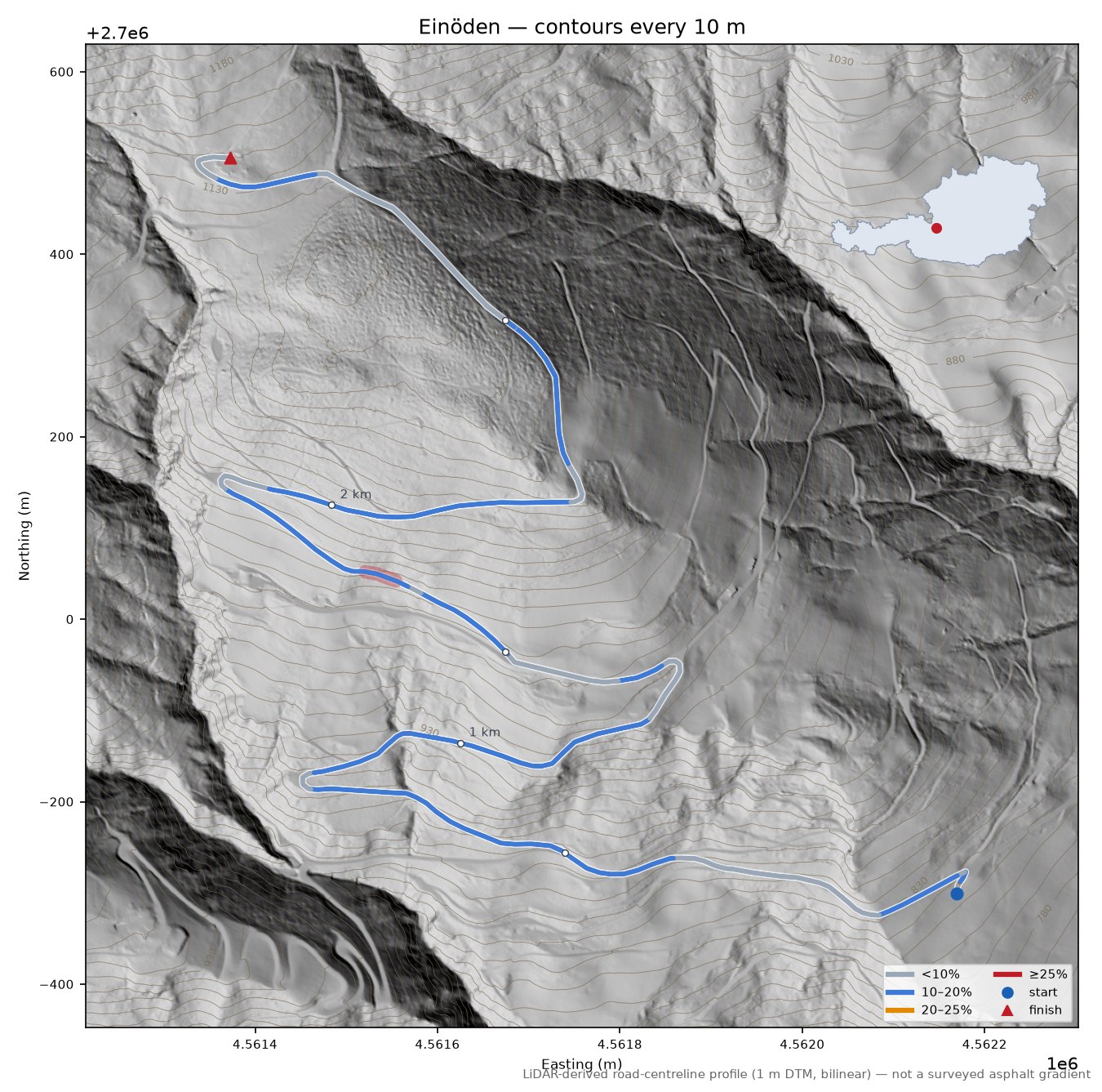 Einöden LiDAR hillshade map with contours