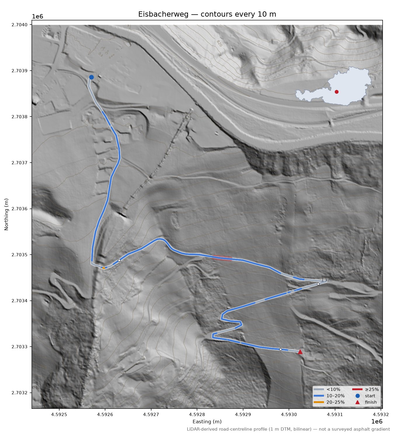 Eisbacherweg LiDAR hillshade map with contours