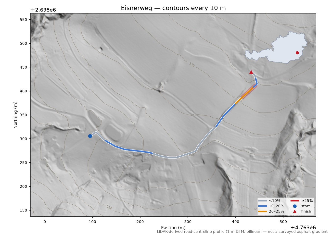 Eisnerweg LiDAR hillshade map with contours
