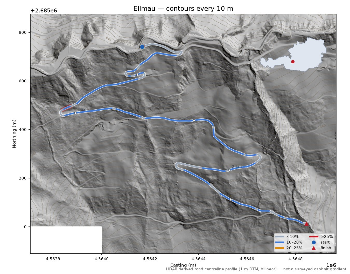 Ellmau LiDAR hillshade map with contours