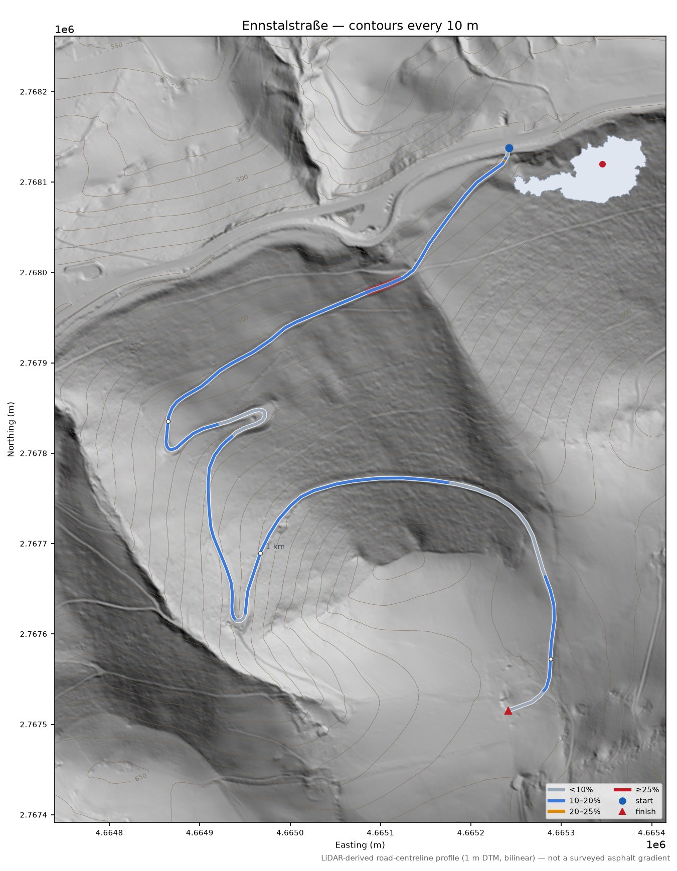 Ennstalstraße LiDAR hillshade map with contours