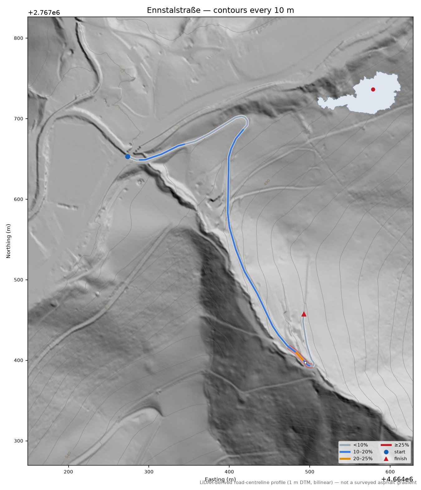 Ennstalstraße LiDAR hillshade map with contours