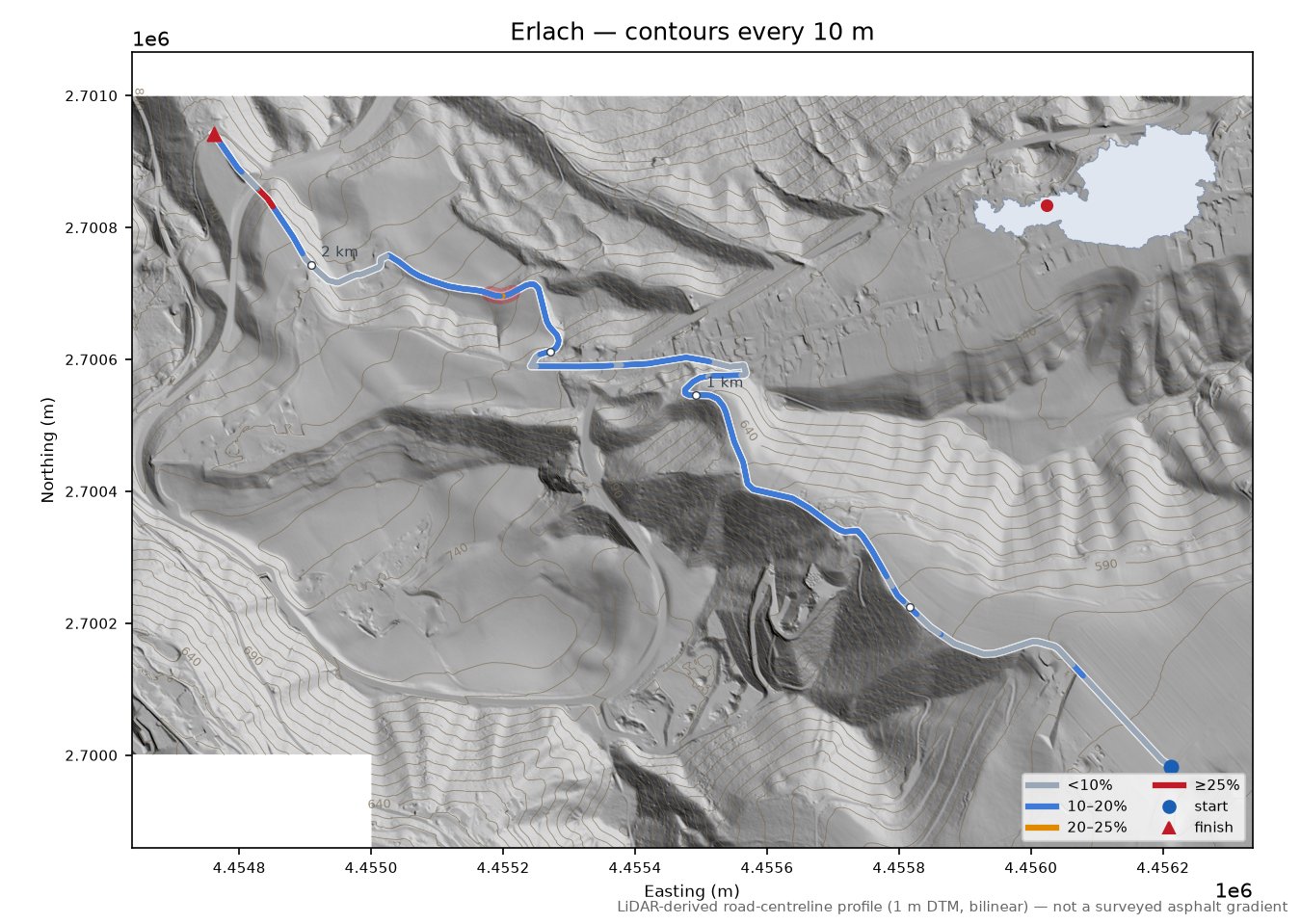 Erlach LiDAR hillshade map with contours
