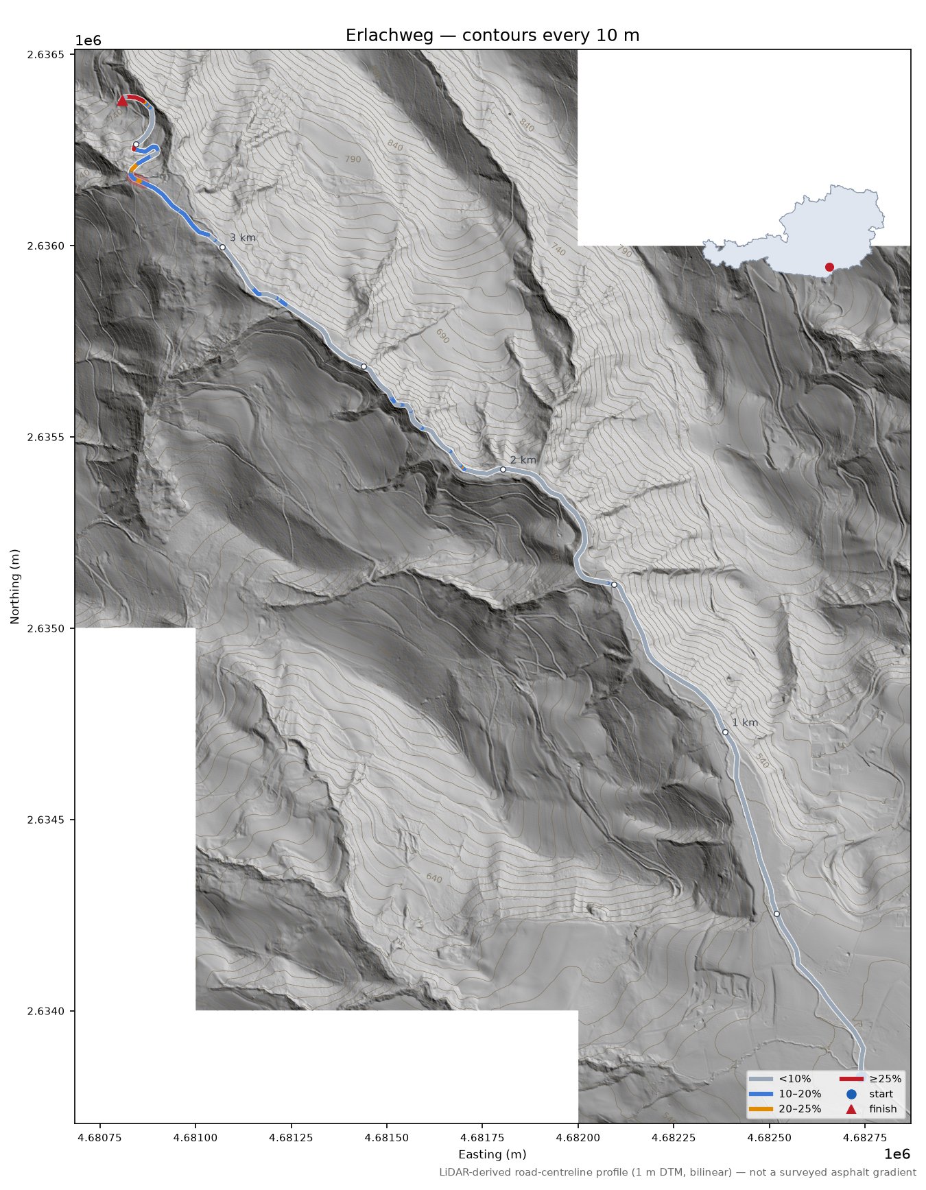 Erlachweg LiDAR hillshade map with contours