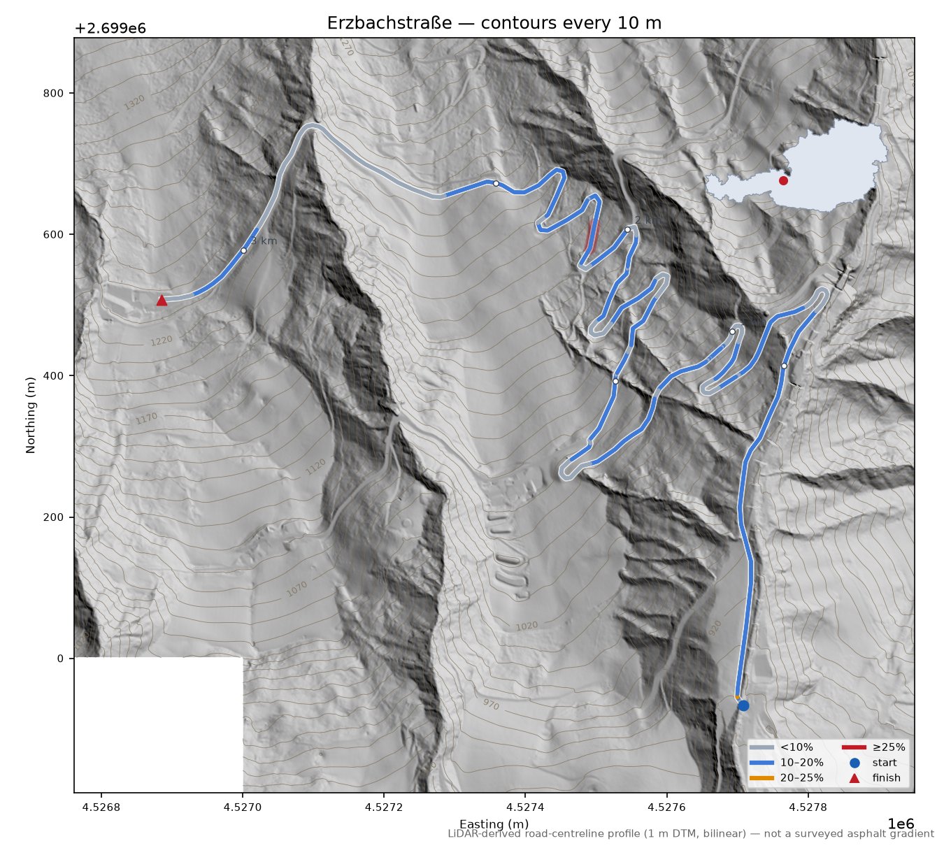 Erzbachstraße LiDAR hillshade map with contours