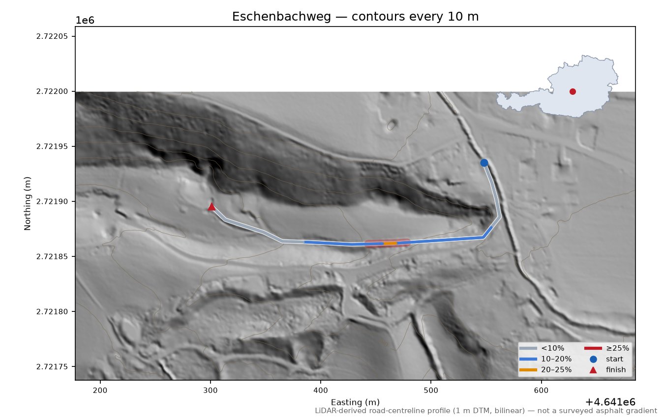 Eschenbachweg LiDAR hillshade map with contours