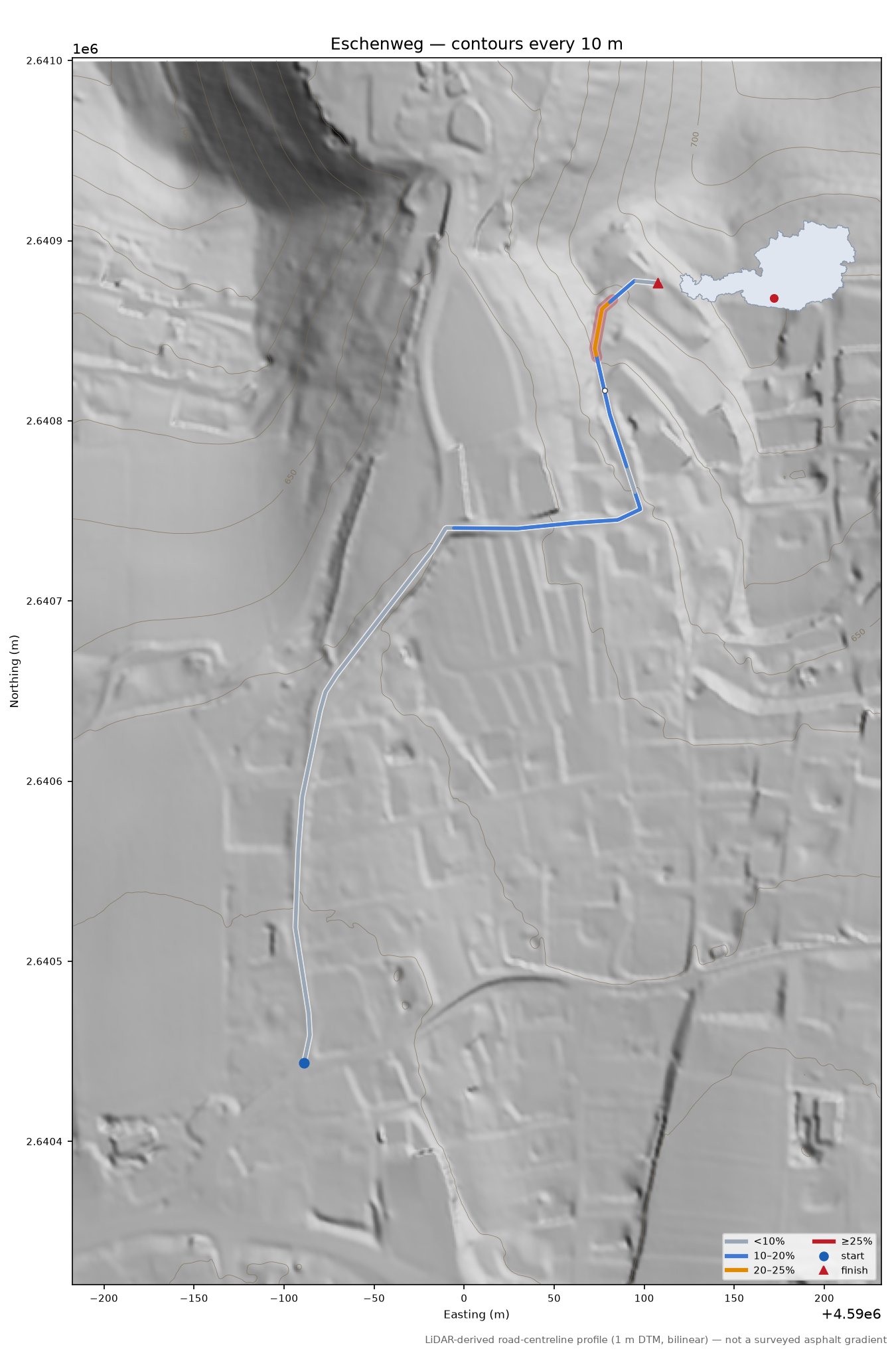 Eschenweg LiDAR hillshade map with contours