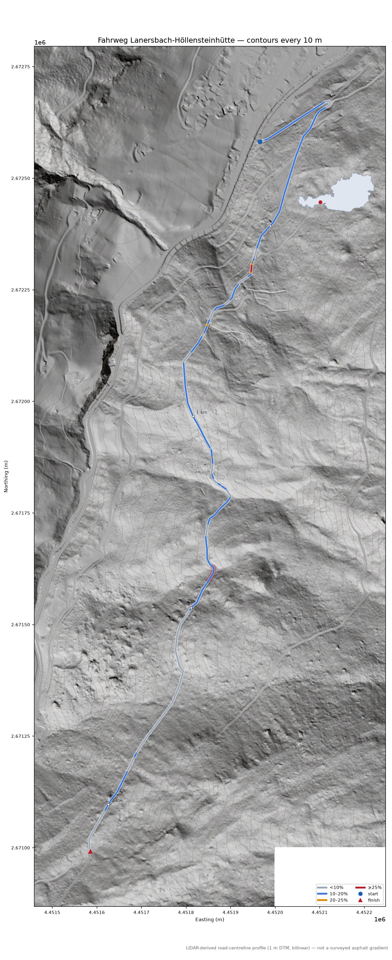 Fahrweg Lanersbach-Höllensteinhütte LiDAR hillshade map with contours