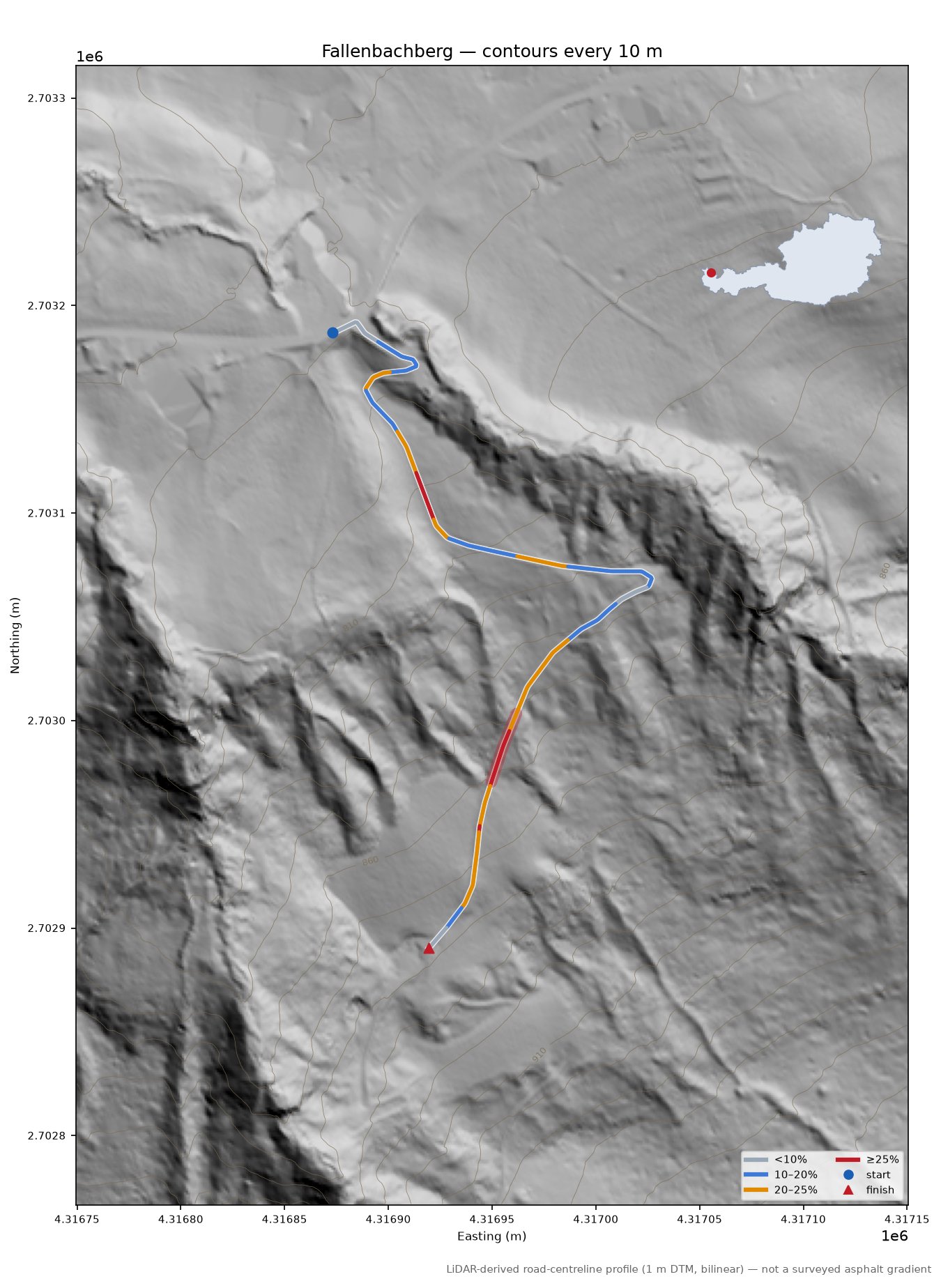 Fallenbachberg LiDAR hillshade map with contours