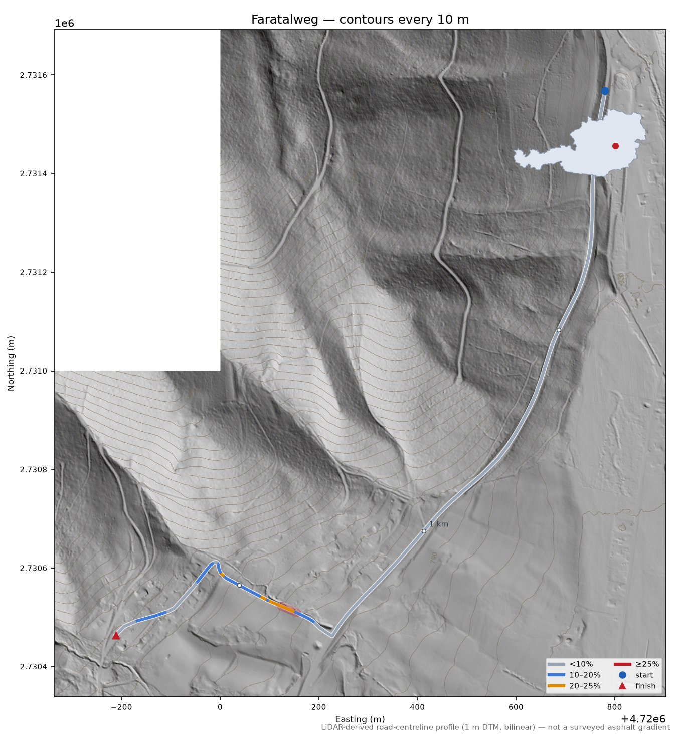 Faratalweg LiDAR hillshade map with contours