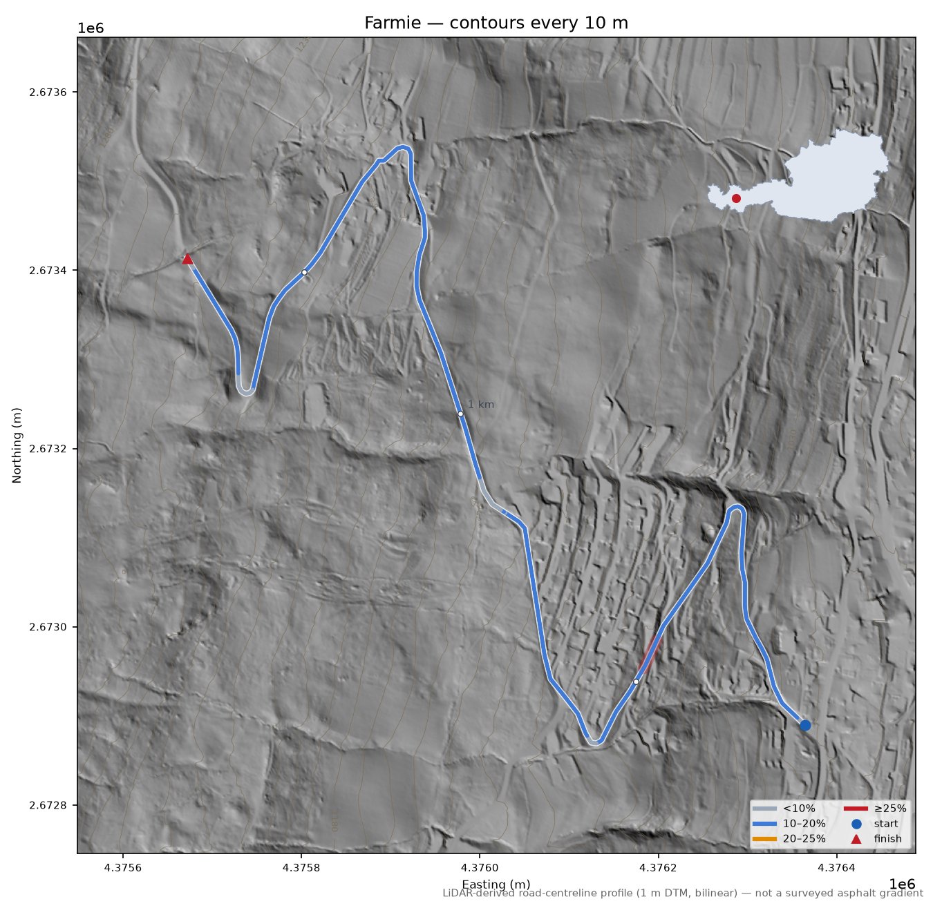 Farmie LiDAR hillshade map with contours