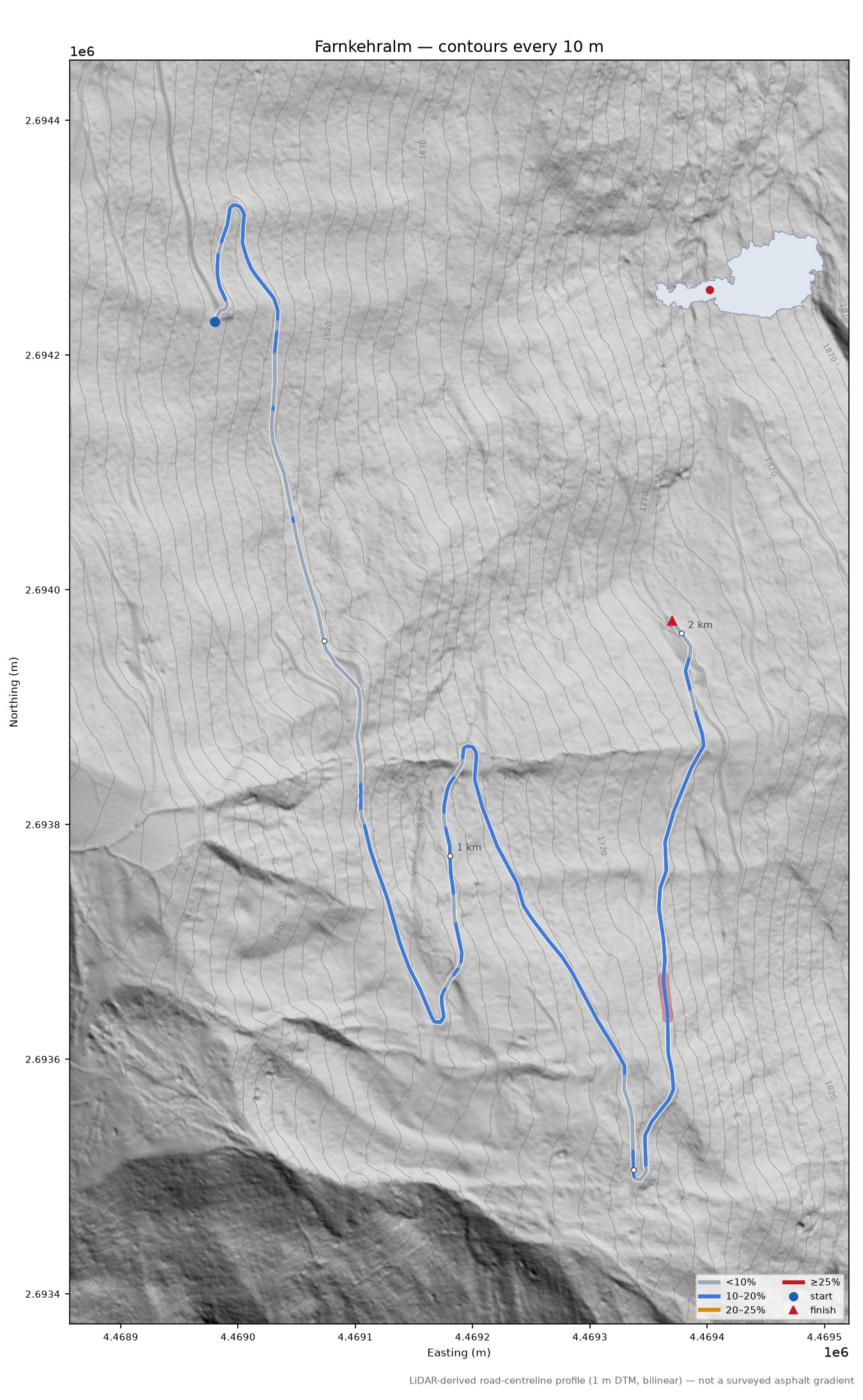 Farnkehralm LiDAR hillshade map with contours