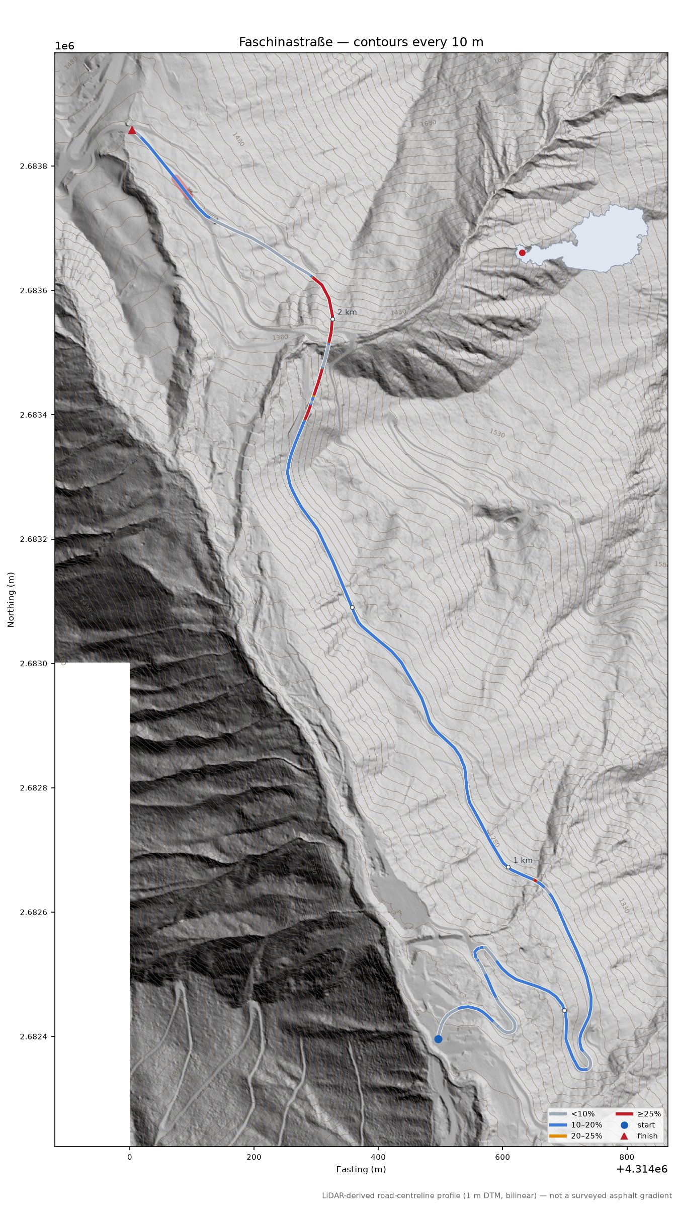 Faschinastraße LiDAR hillshade map with contours