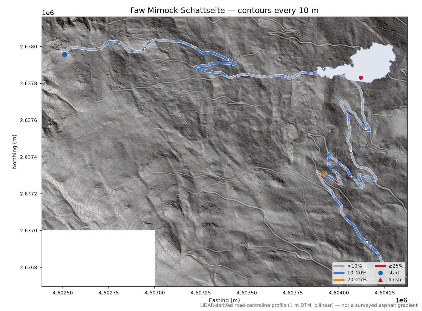 Faw Mirnock-Schattseite LiDAR hillshade map with contours
