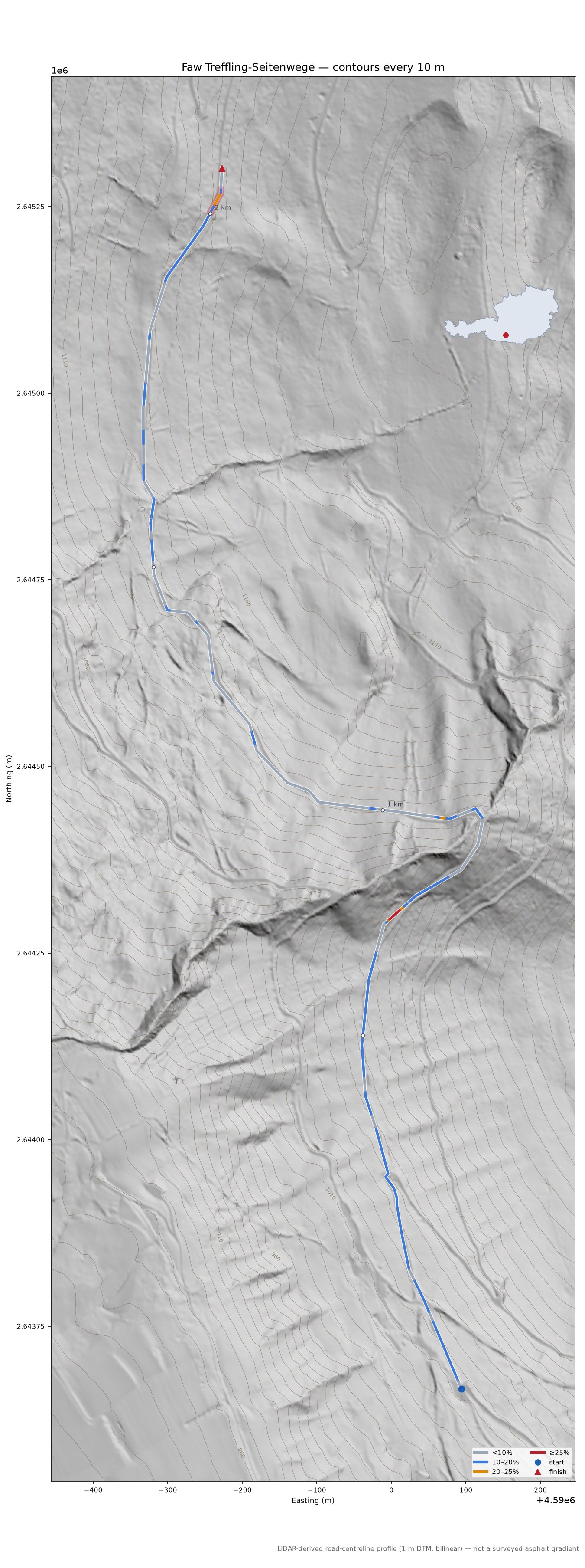 Faw Treffling-Seitenwege LiDAR hillshade map with contours