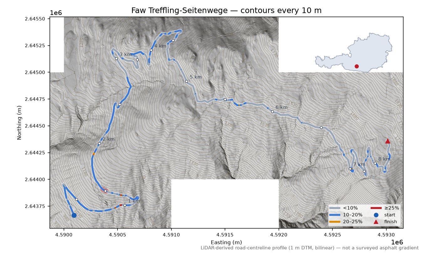 Faw Treffling-Seitenwege LiDAR hillshade map with contours