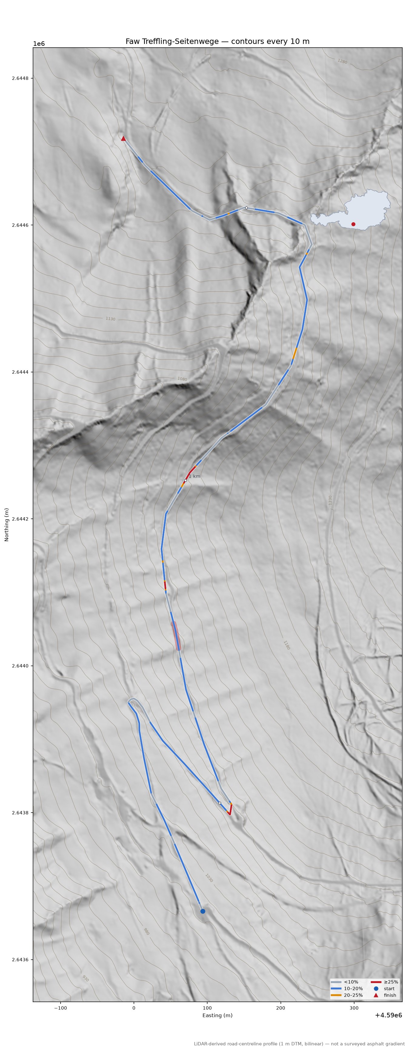 Faw Treffling-Seitenwege LiDAR hillshade map with contours