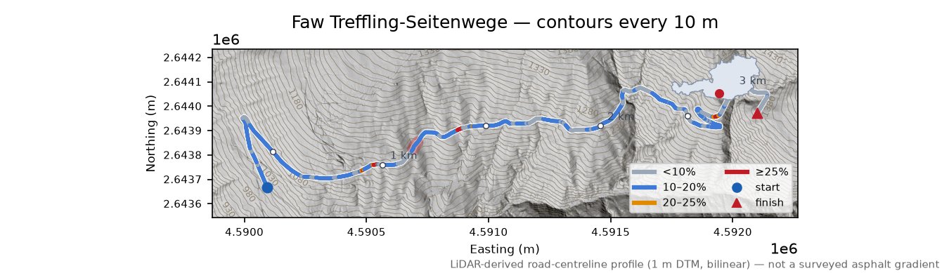 Faw Treffling-Seitenwege LiDAR hillshade map with contours