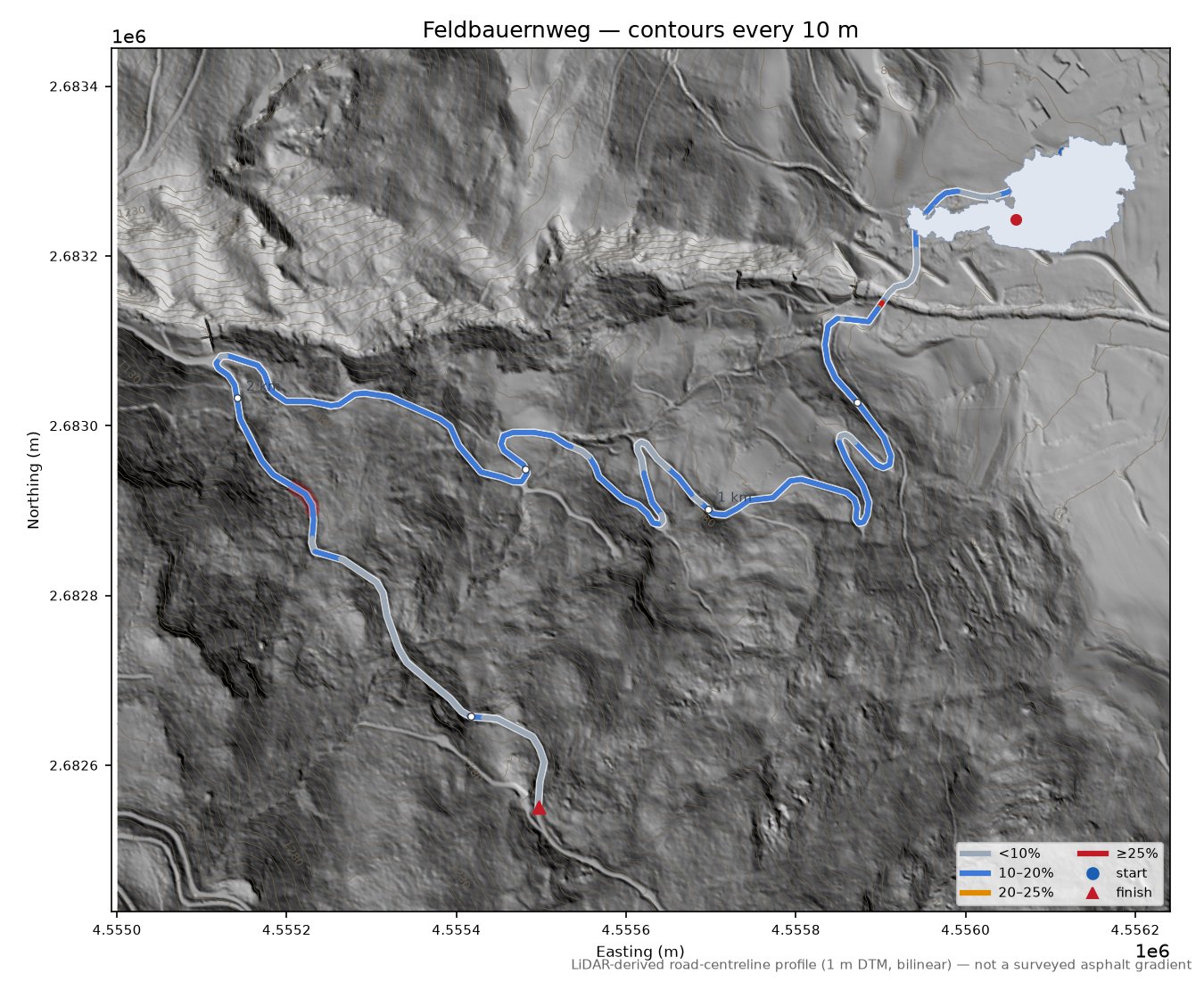 Feldbauernweg LiDAR hillshade map with contours
