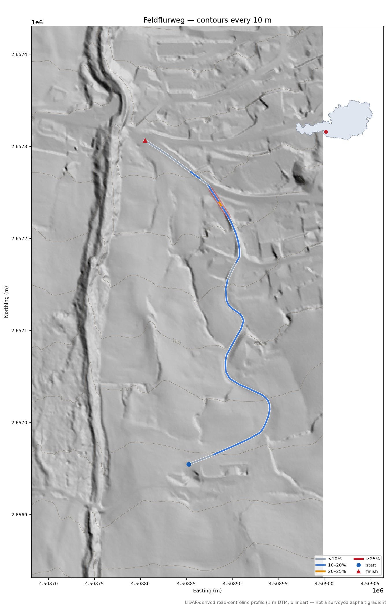 Feldflurweg LiDAR hillshade map with contours