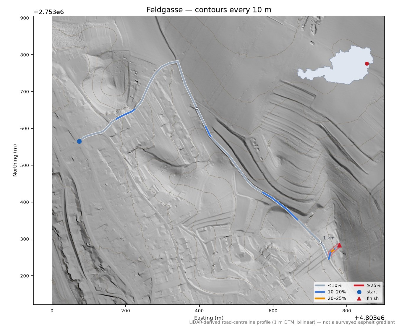 Feldgasse LiDAR hillshade map with contours