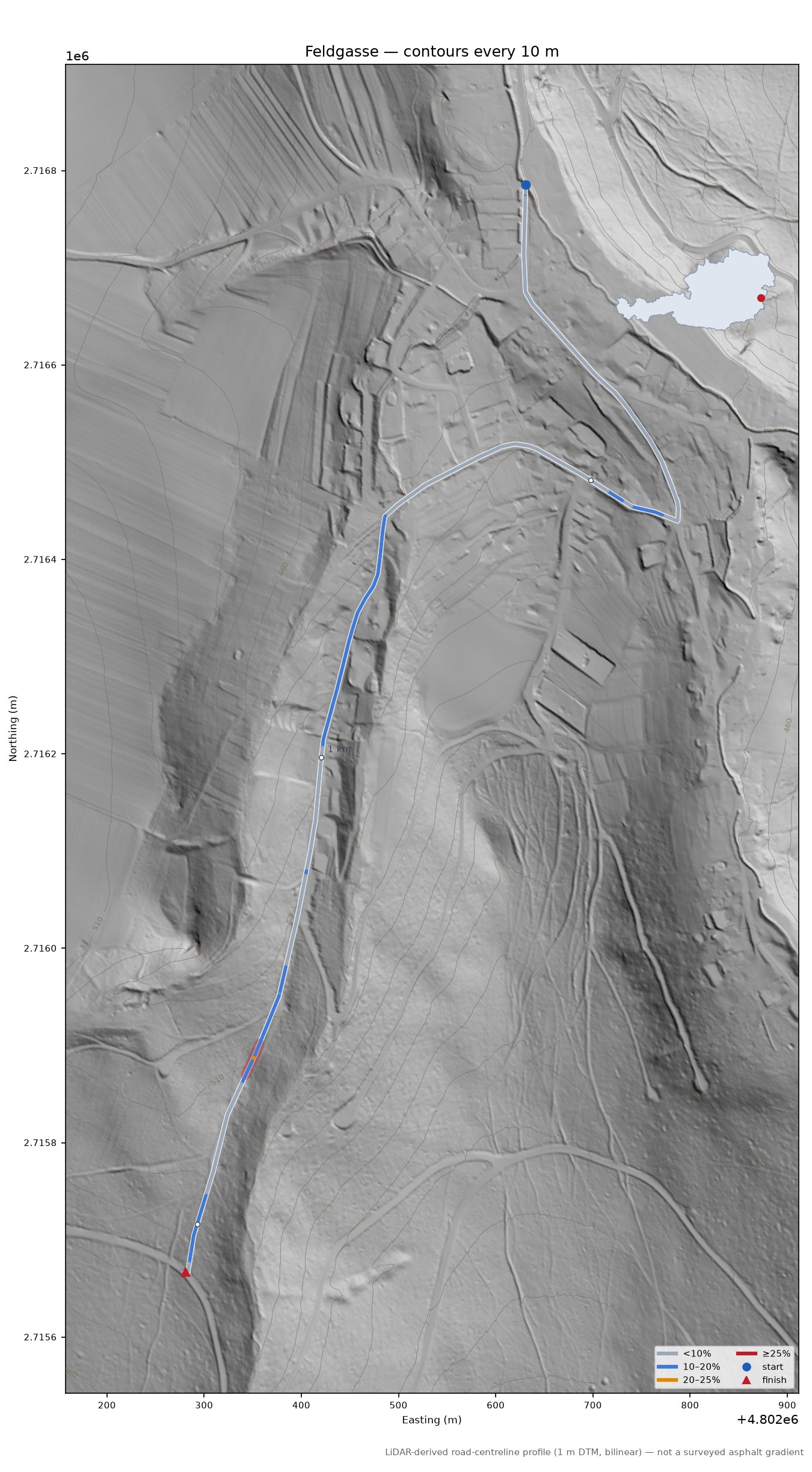 Feldgasse LiDAR hillshade map with contours