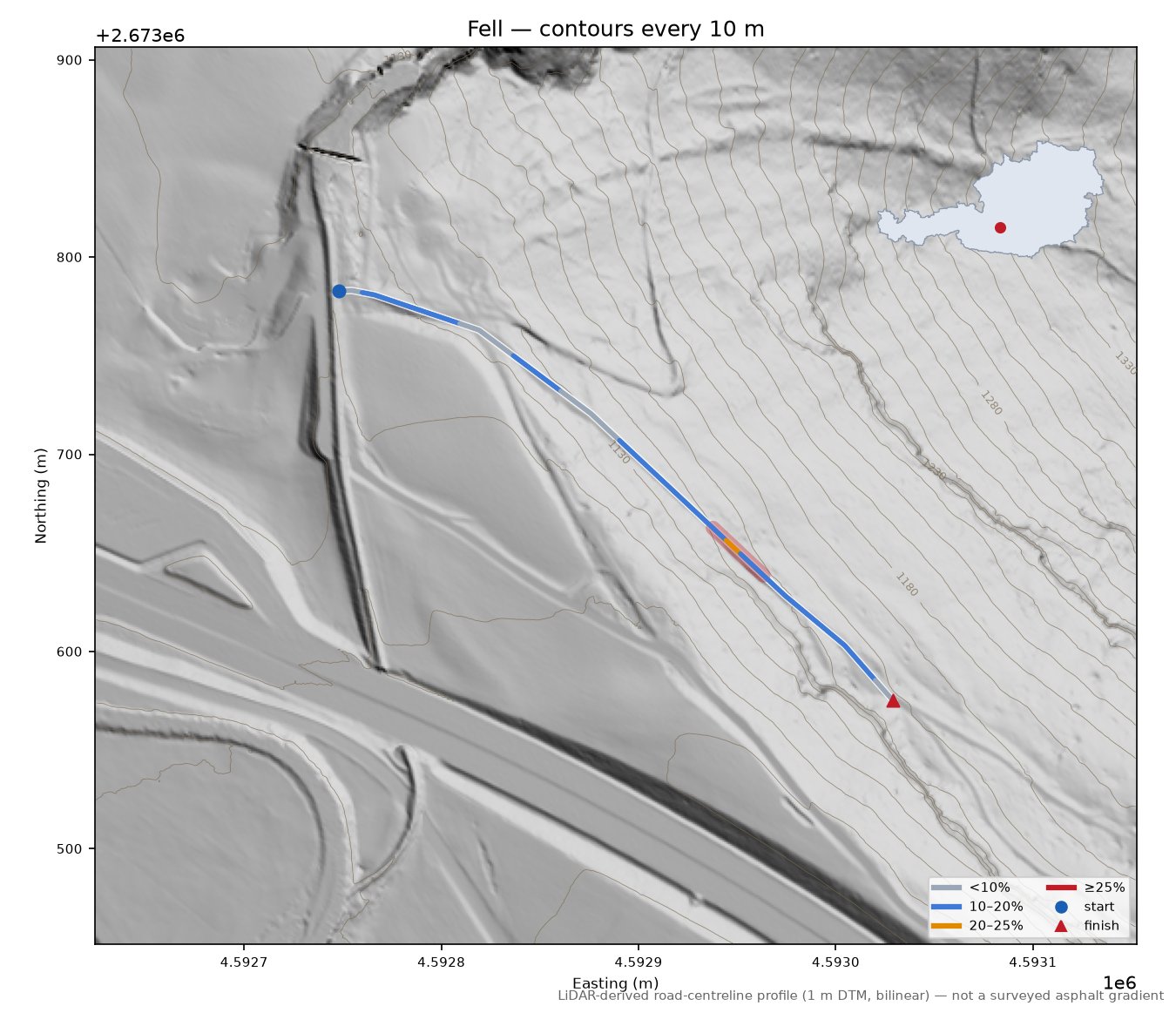 Fell LiDAR hillshade map with contours