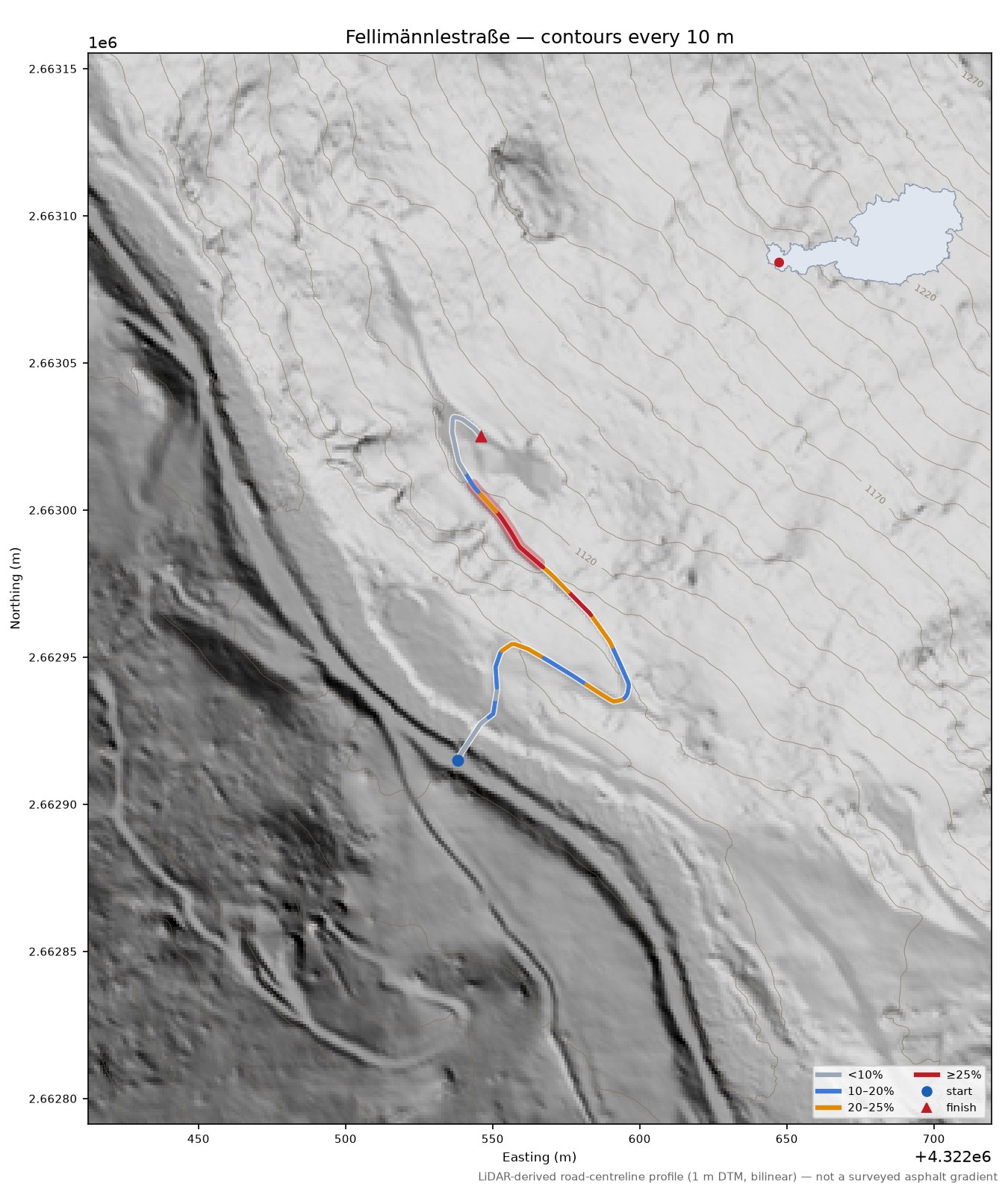 Fellimännlestraße LiDAR hillshade map with contours