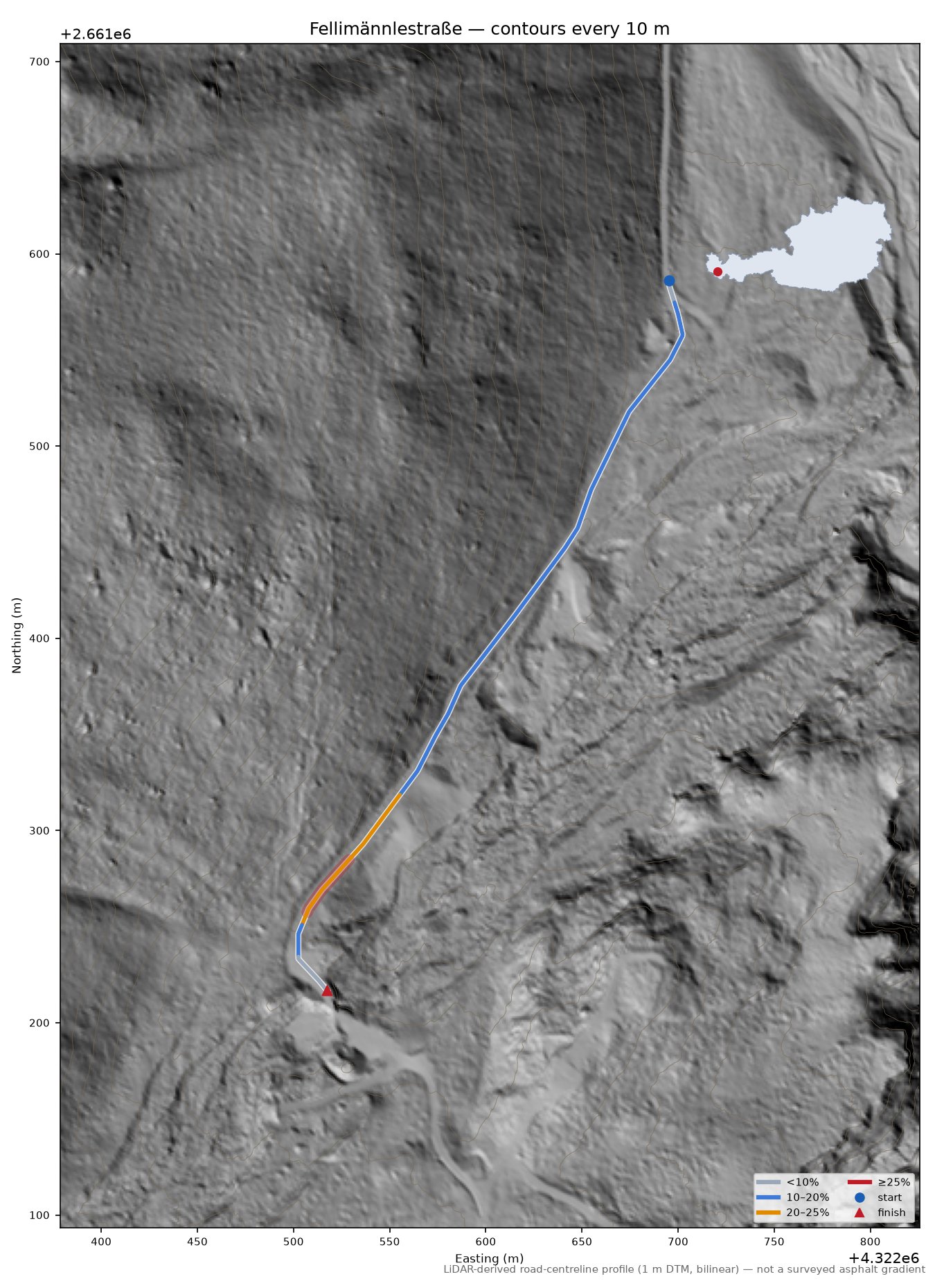 Fellimännlestraße LiDAR hillshade map with contours