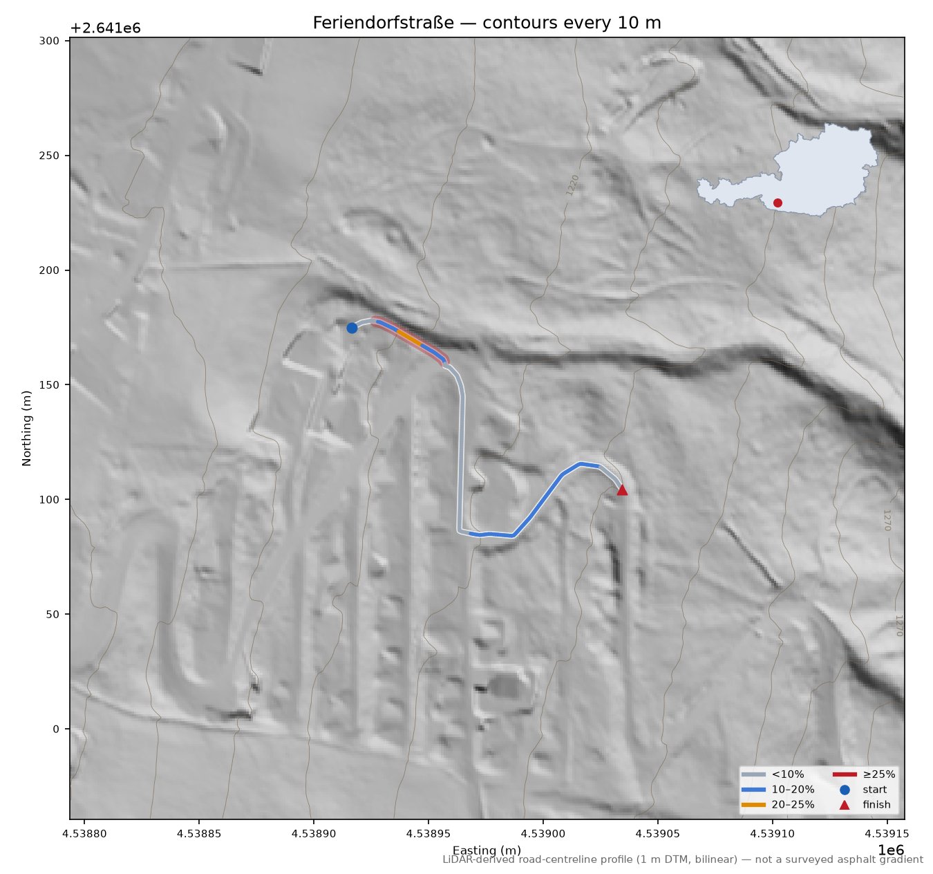 Feriendorfstraße LiDAR hillshade map with contours