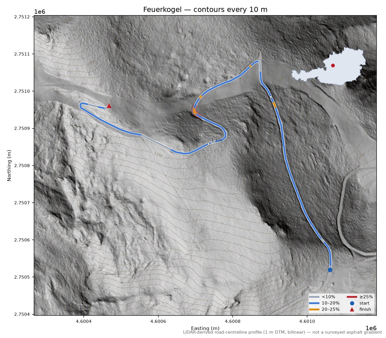 Feuerkogel LiDAR hillshade map with contours
