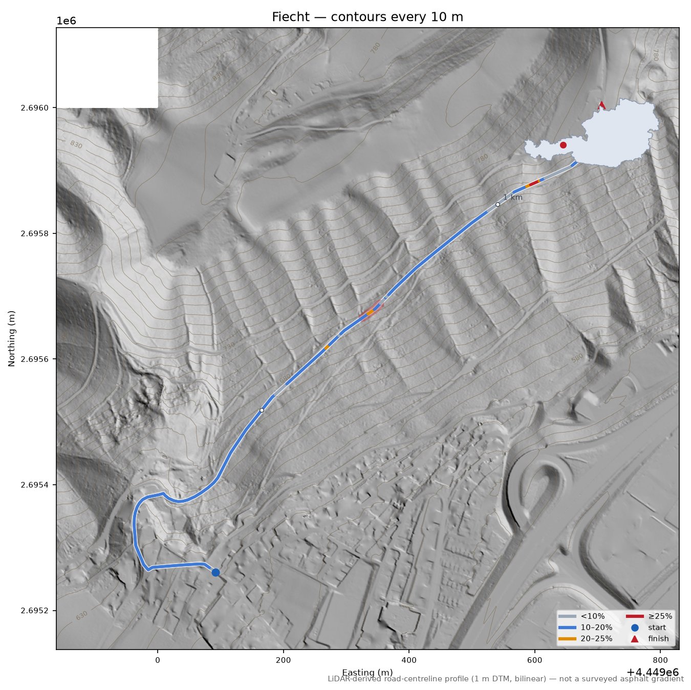 Fiecht LiDAR hillshade map with contours