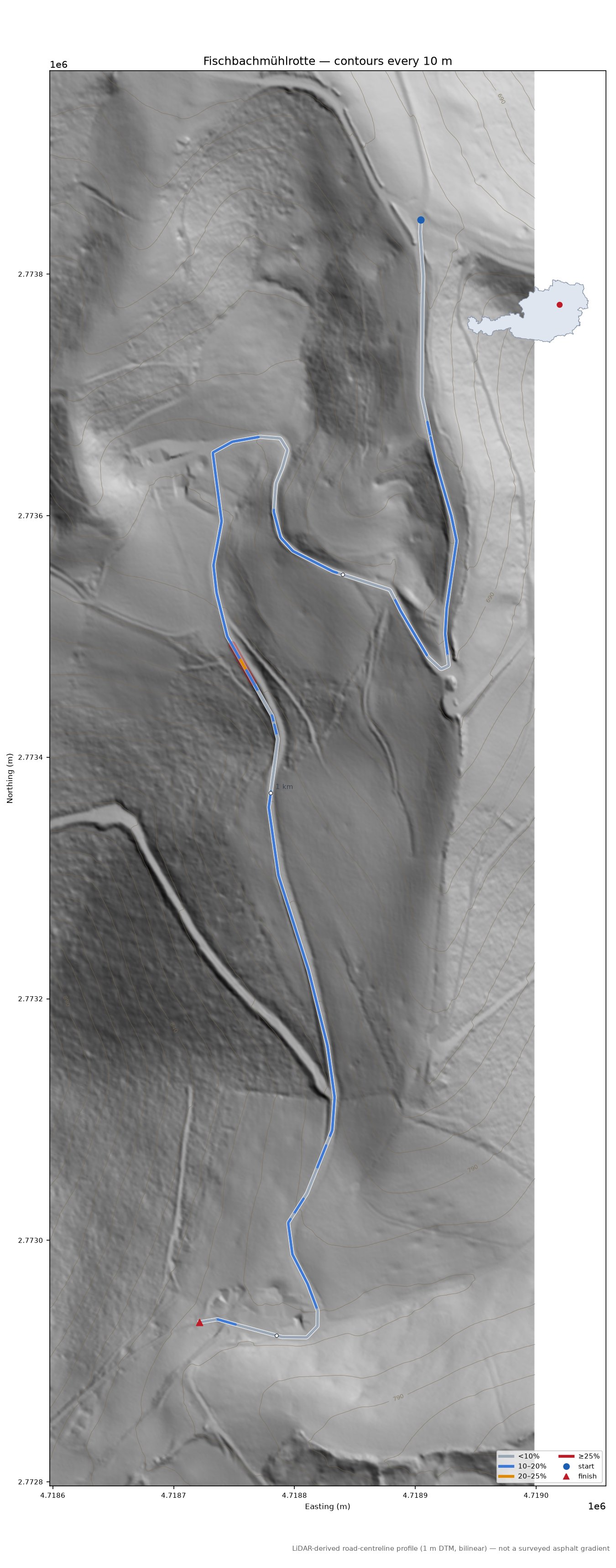 Fischbachmühlrotte LiDAR hillshade map with contours