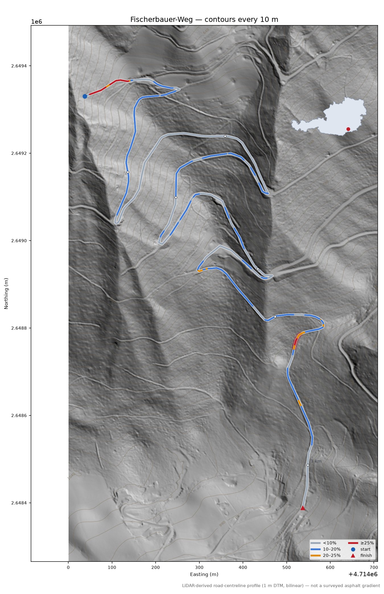 Fischerbauer-Weg LiDAR hillshade map with contours