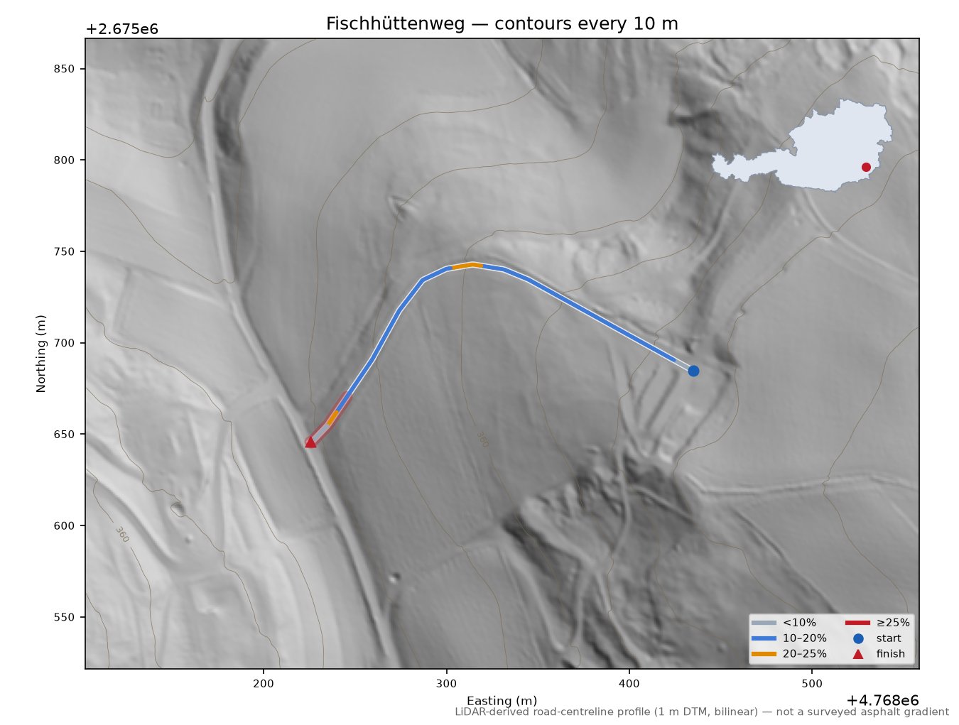 Fischhüttenweg LiDAR hillshade map with contours