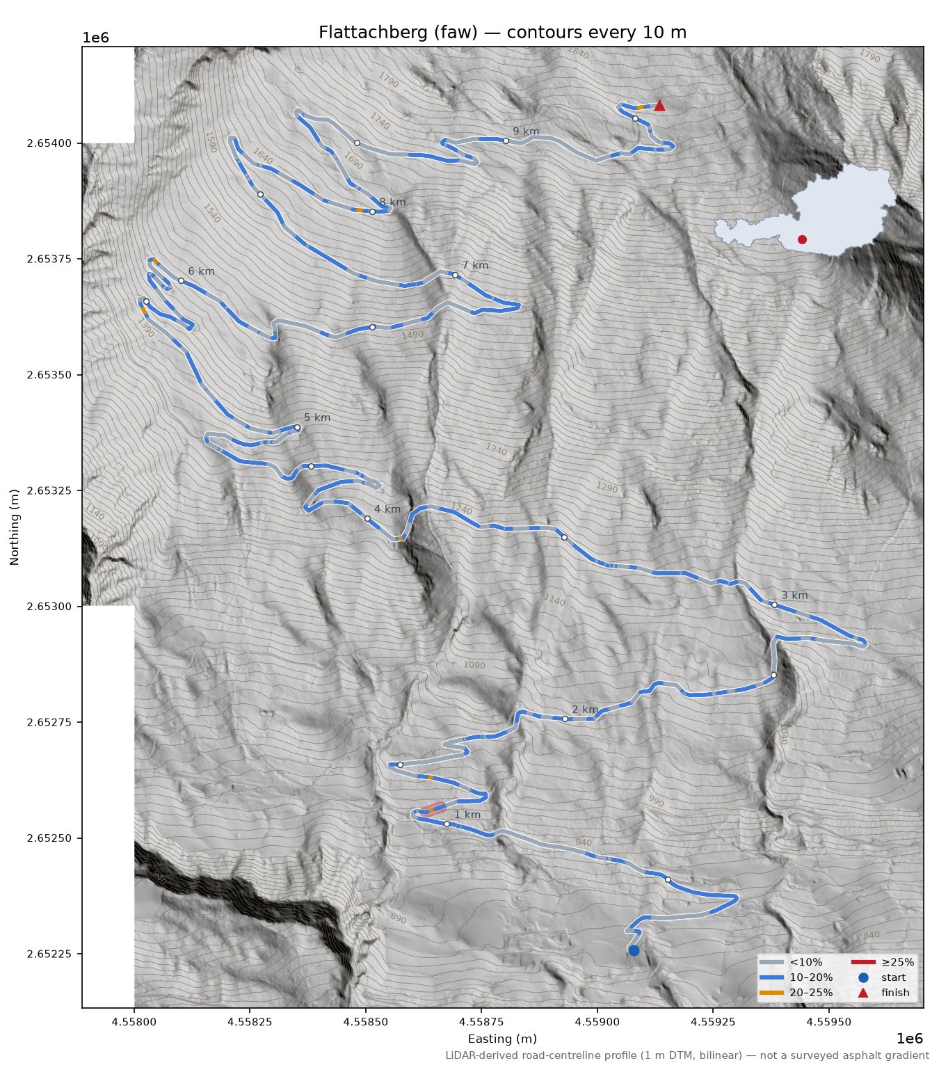 Flattachberg (faw) LiDAR hillshade map with contours
